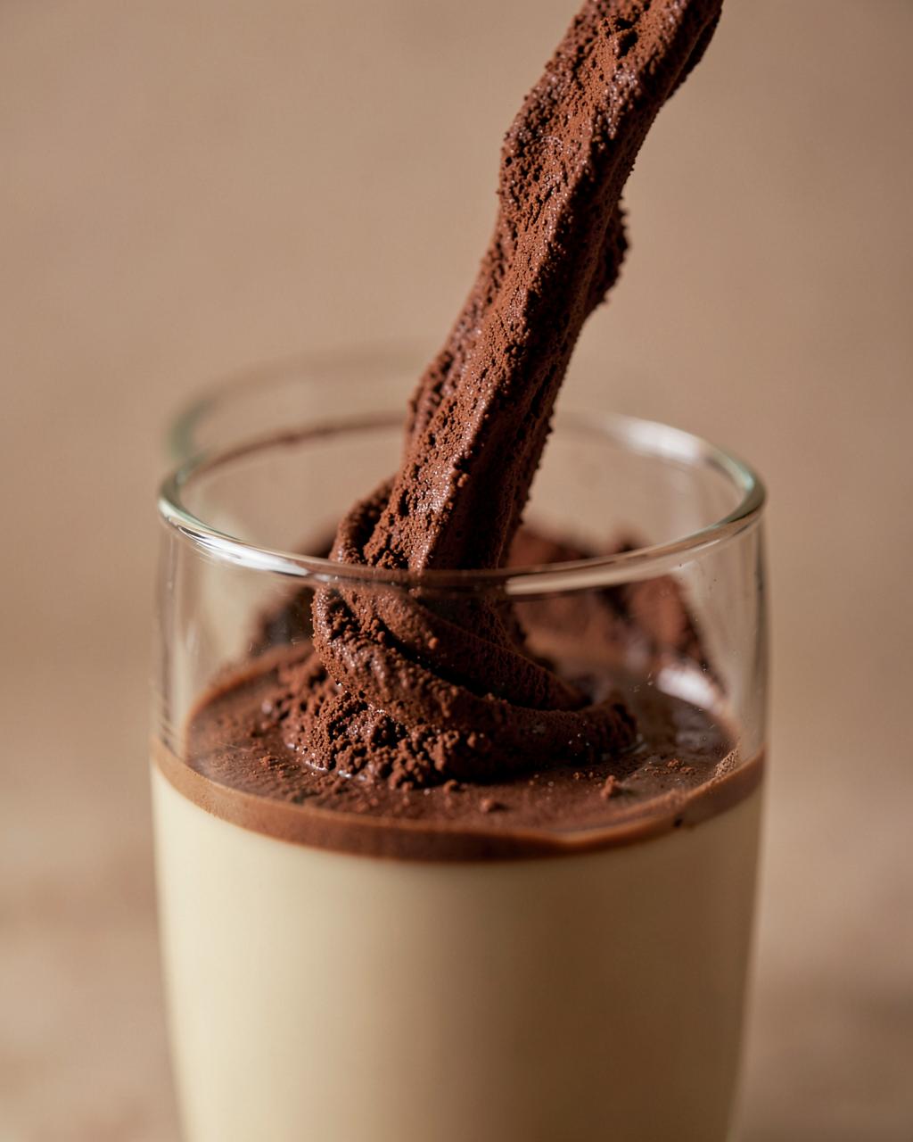 Thick chocolate protein shake being poured into a glass during beverage flavor development