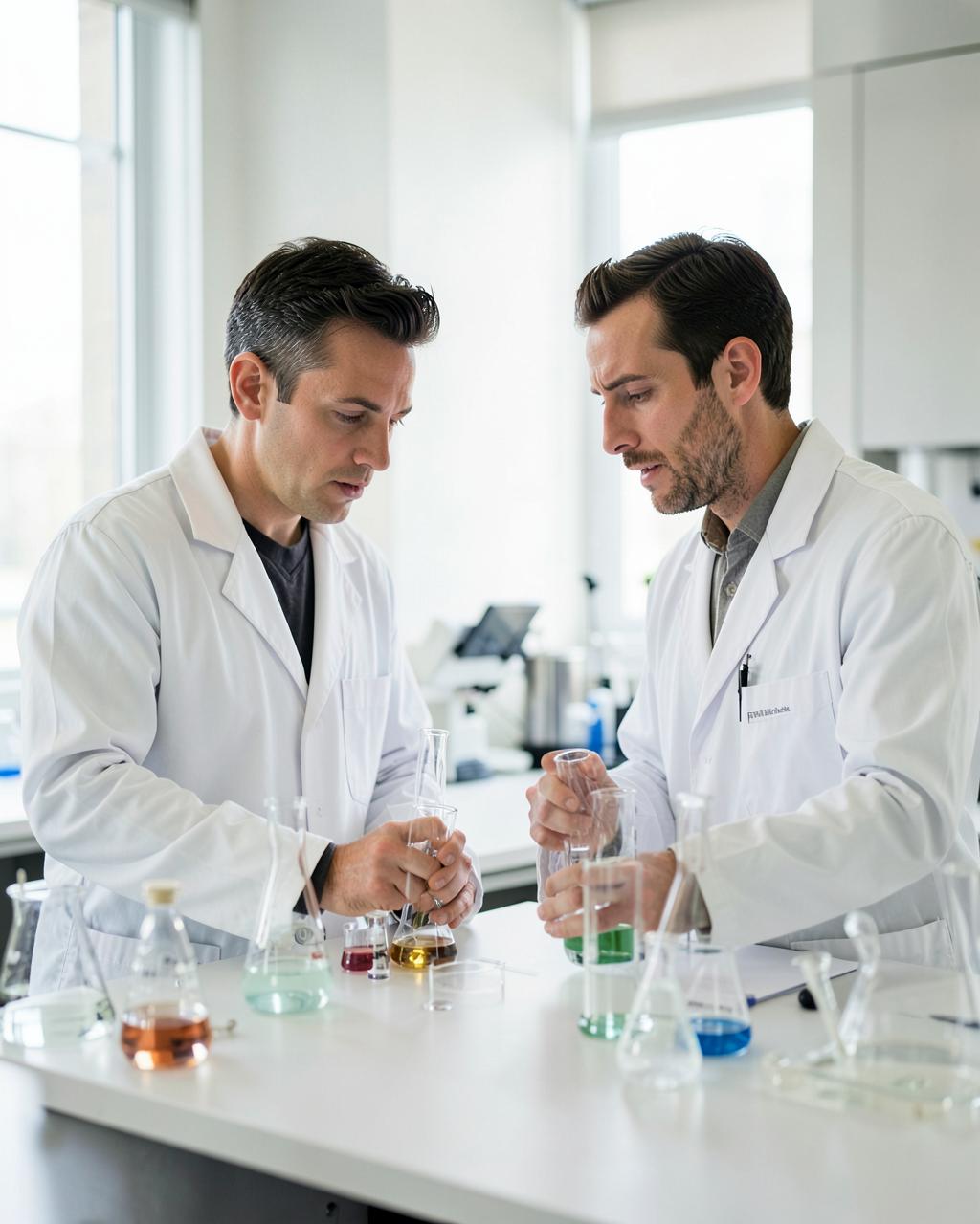 Flavor R&D bench with graduated glassware and powdered flavor systems under directional light