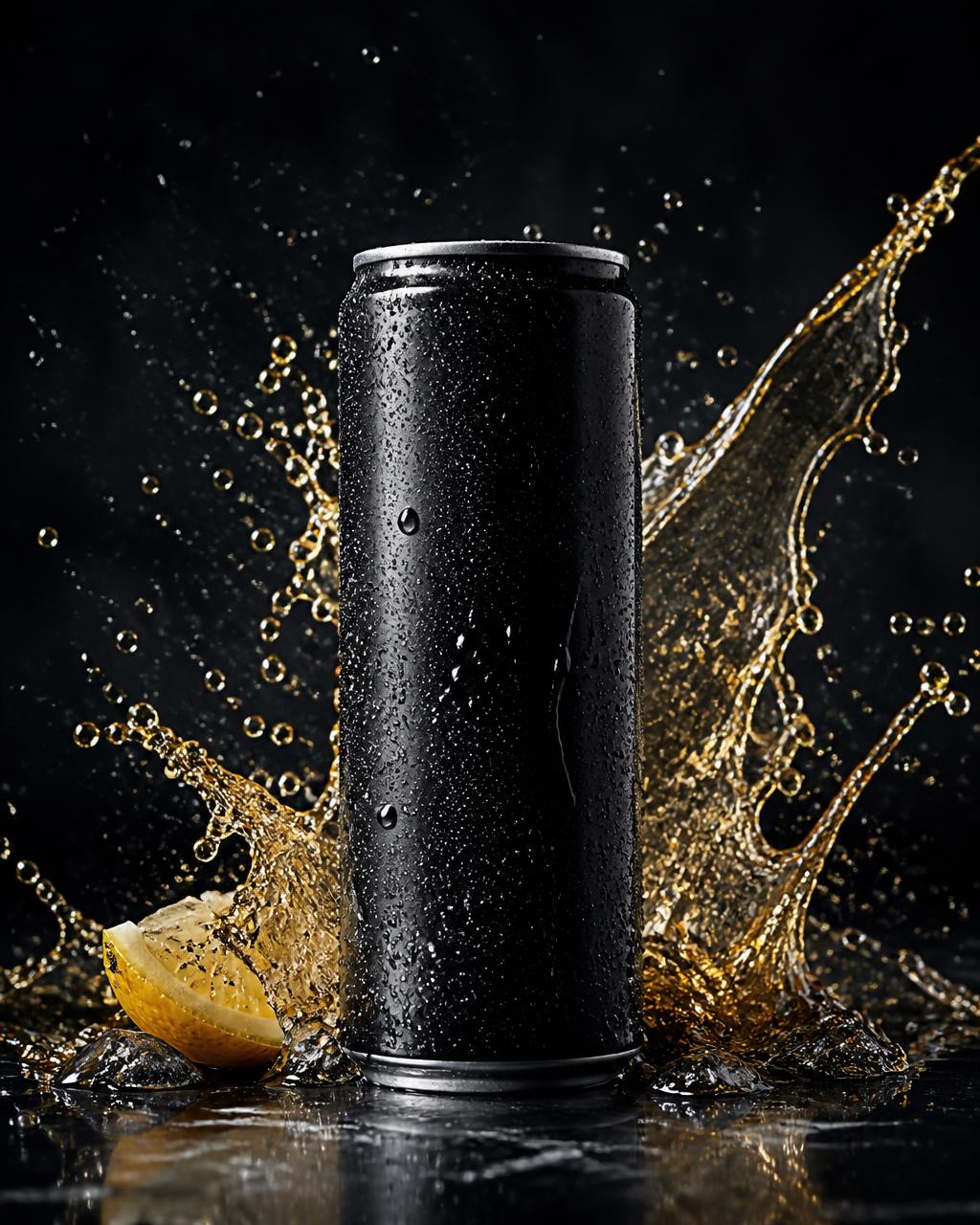 Unbranded black energy drink can with an amber splash, representing energy drink flavor development