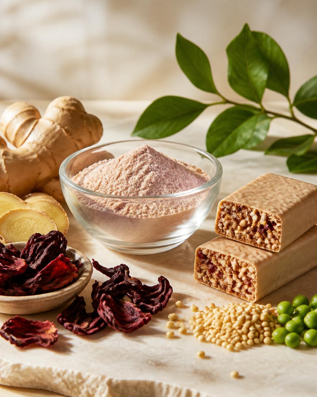 Botanical powder, dried hibiscus and ginger used in wellness product development