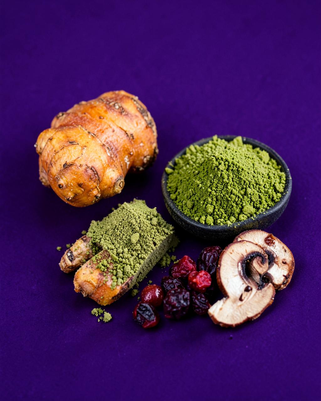 Turmeric, matcha and mushroom ingredients used in functional beverage formulation