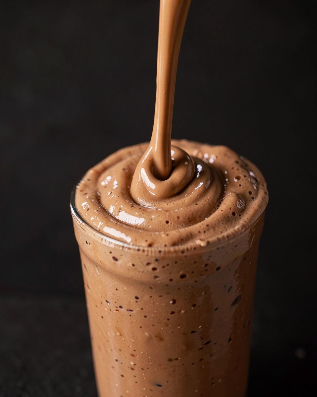 Chocolate protein shake poured during protein powder flavor development