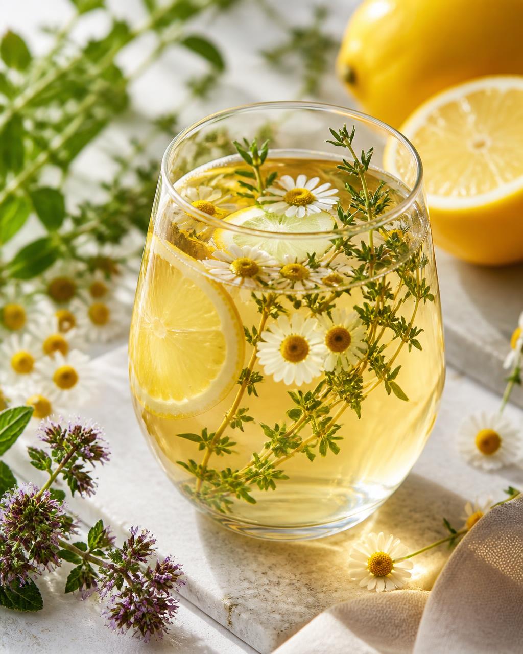 Herbal wellness beverage with botanicals and citrus in daylight
