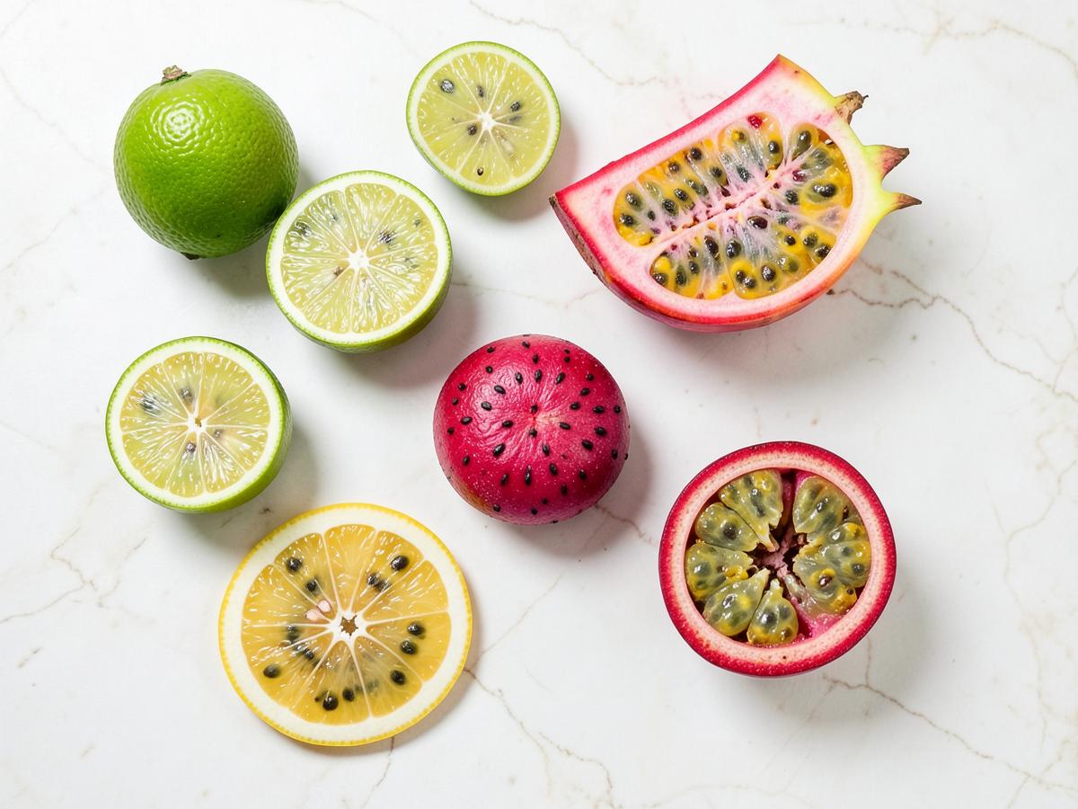 Overhead composition of sliced yuzu, dragonfruit and passionfruit