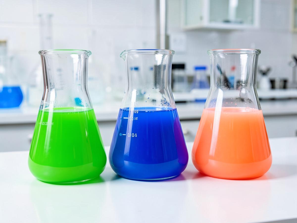 Laboratory beakers holding green, blue and coral flavor liquids