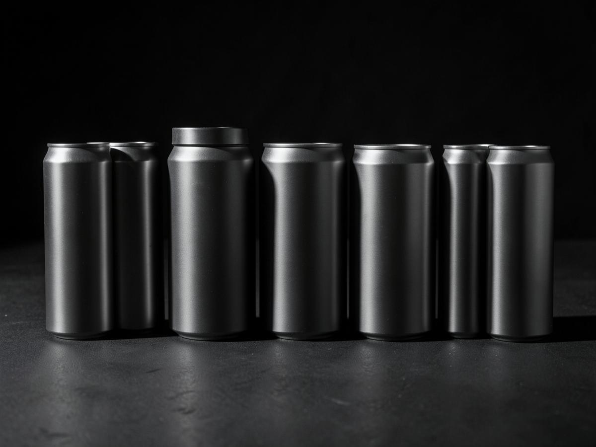 Row of unbranded matte aluminium beverage cans on a dark surface